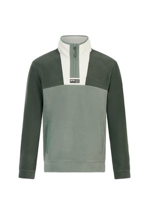 Fleece pullover in green hues, featuring a half-zip design, high collar, contrasting white panel, and two side pockets.