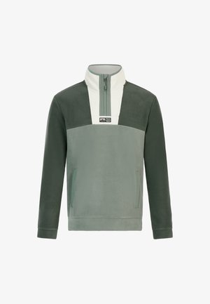 Fleece pulóver v zelených odtieňoch, s polovičným zipsom, vysokým golierom, kontrastným bielym panelom a dvomi bočnými vreckami.