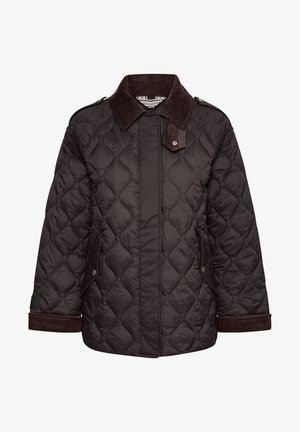 Pruun kittedud jakk, millel on sametist krae, küljetaskud ja ribakäised. Pehme tekstuur, lõdvendatud istuvus ja nööpidetail.