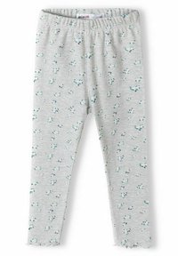 Grå randiga leggings med ett blommönster i blått och grönt. Mjuk tyg med elastiskt midjeband och detaljer med vågformad fåll.