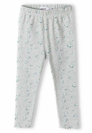 Grå randiga leggings med ett blommönster i blått och grönt. Mjuk tyg med elastiskt midjeband och detaljer med vågformad fåll.