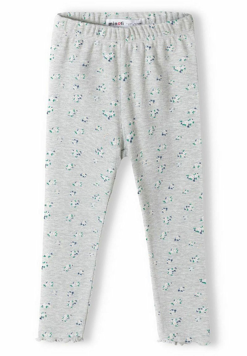 Grå randiga leggings med ett blommönster i blått och grönt. Mjuk tyg med elastiskt midjeband och detaljer med vågformad fåll.