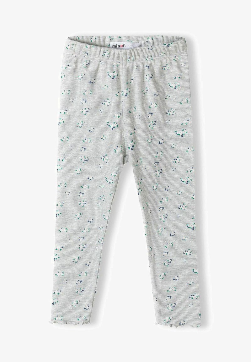 Leggings gris côtelés avec un motif floral en bleu et vert. Tissu doux avec une taille élastique et des détails à ourlet festonné.