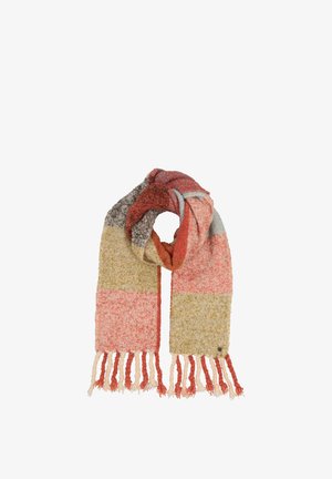 Soft knit scarf in autumn tones of orange, yellow, gray, and cream with color blocks and twisted fringe ends.