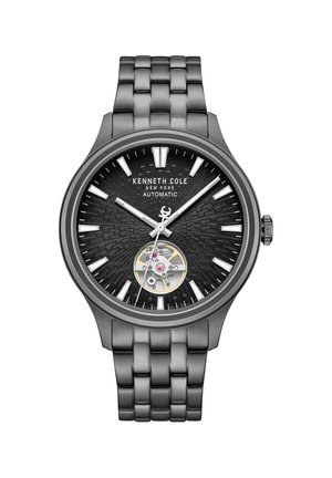 Orologio da polso automatico Kenneth Cole con quadrante nero a trama, indici delle ore argento, finestrella a vista sul movimento e cinturino a maglie in metallo lucido.