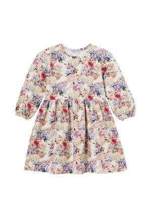 Dziecięca sukienka z długim rękawem, z marszczonym stanem, pokryta wielokolorowym kwiatowym wzorem na białym tle.