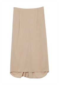 Jupe crayon beige avec une texture lisse, plis froncés à l'avant et ourlet arrondi. Fabriquée à partir d'un tissu léger, adaptée aux environnements formels.