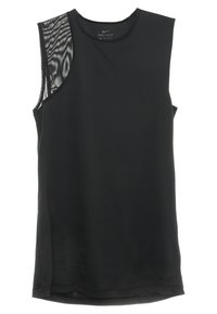 Musta Nike Dri-FIT hihaton paita, jossa on verkkopaneeli vasemmassa olkapäässä aaltoilevalla kuviolla, sileä kangas ja klassinen pyöreä pääntie.