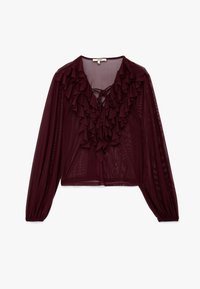 Blusa trasparente bordeaux con maniche lunghe, caratterizzata da un collo a V, una parte anteriore arricciata e un dettaglio con fiocco sul collo. Tessuto morbido.