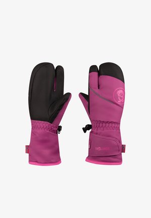 Kinder-Fäustlinge in Rosa und Schwarz mit strukturierter Grifffläche, elastischem Handgelenk und Logodetail. Hergestellt aus wetterbeständigen Materialien.