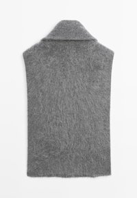 Avvolgente in maglia grigia con colletto sciarpa realizzato in materiale morbido e peloso, con forma rettangolare. Presenta un design ampio e aperto e una finitura testurizzata.