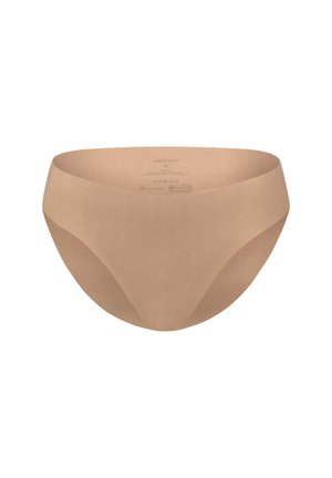 Beige naadloze onderkleding van een gladde, zachte stof, met een midden hoogte ontwerp en een minimalistische stijl. Het etiket aan de binnenkant bevat verzorgingsinstructies.