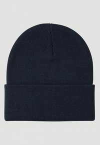 Dark navy knit beanie with a cuffed hem, made of soft fabric, features a smooth texture and seamless crown construction.