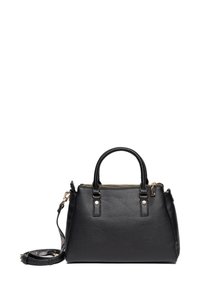 Borsa a mano in pelle nera con superficie texture, manici doppi e tracolla rimovibile. Cerniere e accessori in tonalità oro.