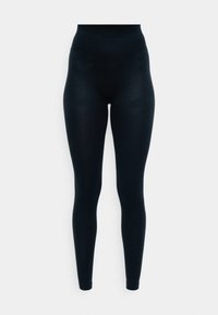Schwarze hochtaillierte Leggings aus einem dehnbaren, glatten Material. Sie verfügen über ein enganliegendes Design mit knöchellanger Abdeckung und ohne sichtbare Nähte.