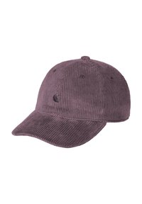 Casquette en velours côtelé violet doux, dotée d'une visière incurvée, de côtes verticales texturées et d'un petit logo brodé à l'avant.