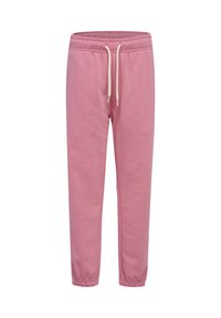 Roze katoenen joggers met een trekkoord in de taille, elastische boorden en zijzakken. Geweven stof en geborduurd logo op de zijkant.