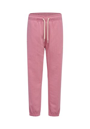 Roze katoenen joggers met een trekkoord in de taille, elastische boorden en zijzakken. Geweven stof en geborduurd logo op de zijkant.
