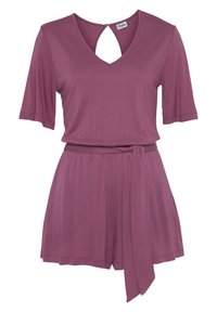 Mauve short jumpsuit with a V-neck and keyhole back. Features short sleeves, a tied waist, and smooth, lightweight fabric.
