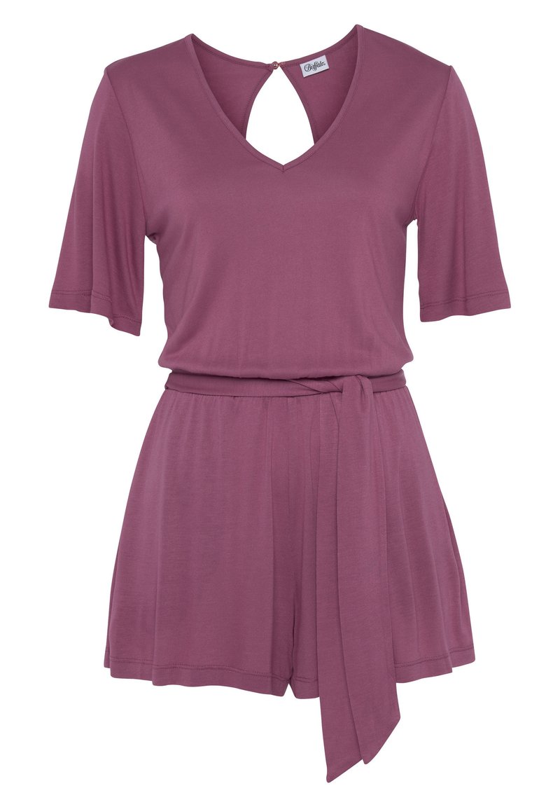 Mauve short jumpsuit with a V-neck and keyhole back. Features short sleeves, a tied waist, and smooth, lightweight fabric.