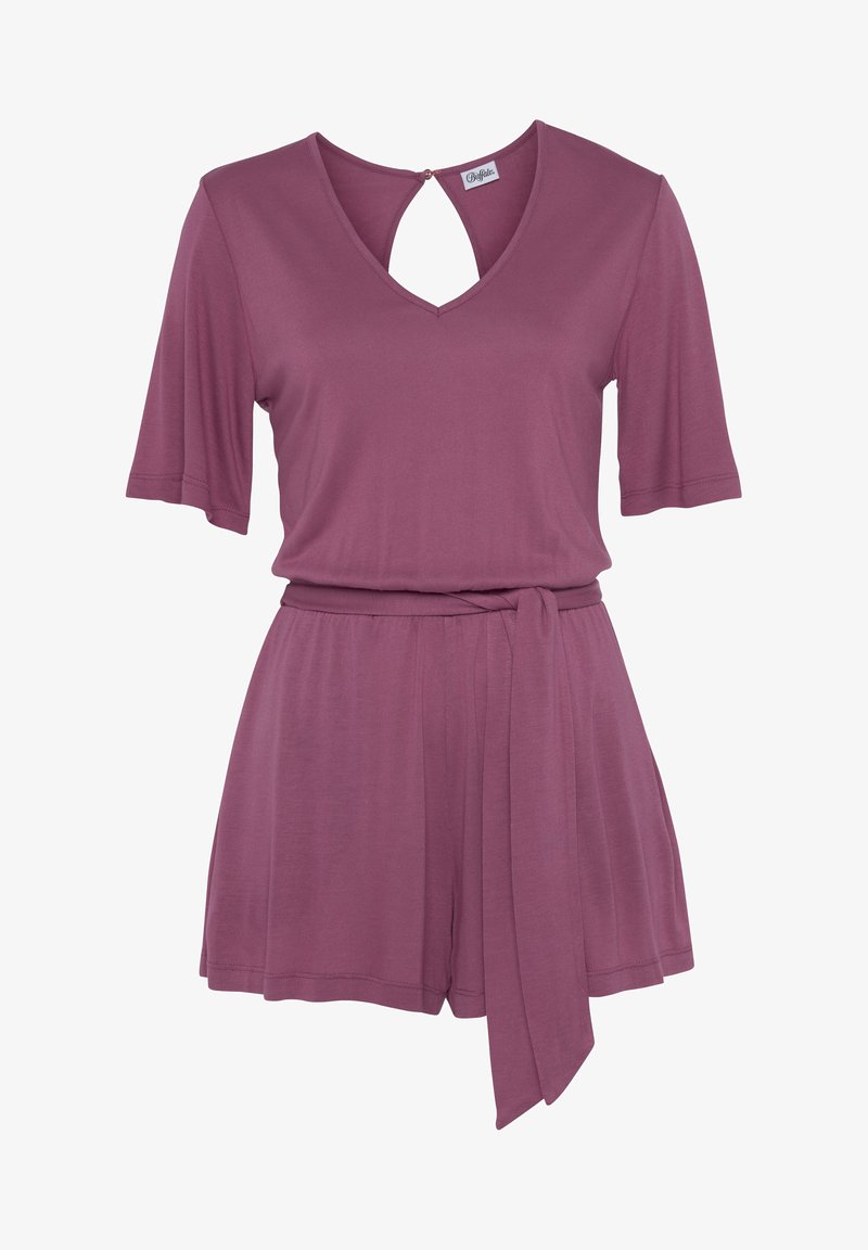 Mauve short jumpsuit with a V-neck and keyhole back. Features short sleeves, a tied waist, and smooth, lightweight fabric.