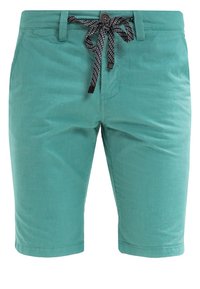 Shorts turquoise en tissu léger, dotés d'un cordon de serrage noir et blanc, de poches avant et d'une coupe classique.