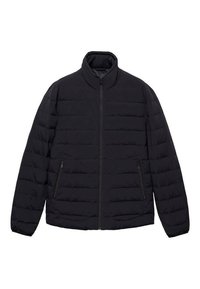 Doudoune noire avec un col haut, fermeture à glissière et deux poches avant zippées. Présente une texture matelassée et une coupe décontractée.