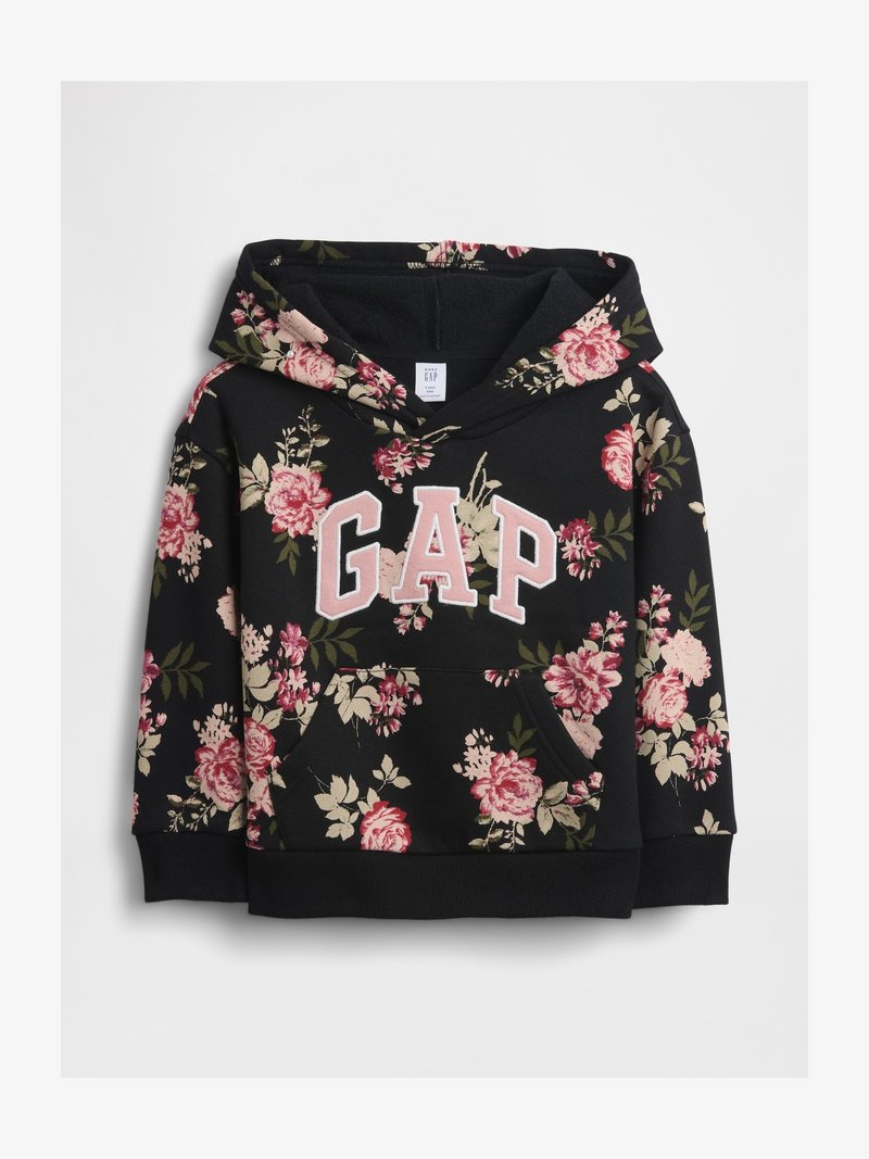 Sweat à capuche noir avec imprimé floral rose et beige, poche avant kangourou, et grand lettrage "GAP" rose clair sur la poitrine.