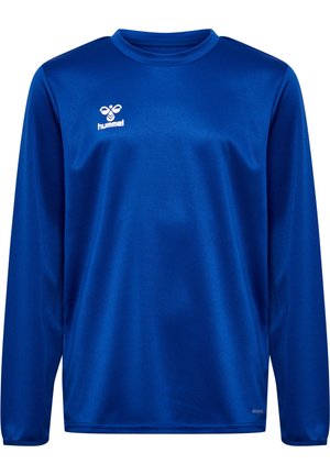 Langsleeve sportshirt in helderblauw, gemaakt van glad synthetisch materiaal, met een ronde hals en een klein wit logo op de bovenlinkerzijde.