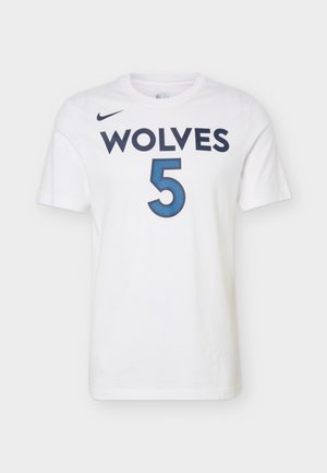 White short-sleeve sports t-shirt with navy "WOLVES," blue number 5, and a small black Nike logo on the upper left chest.