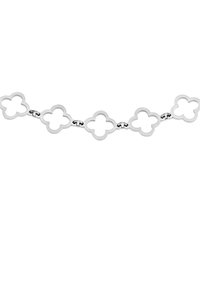 Pulsera de plata con eslabones en forma de flor interconectados y un acabado brillante, que enfatiza un diseño moderno y minimalista.