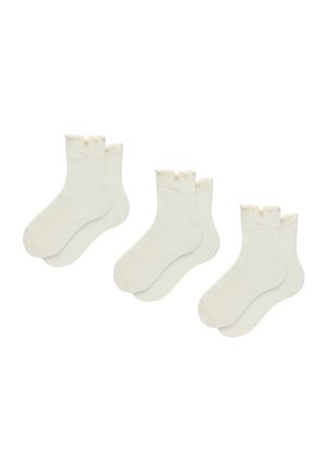 Tre paia di calzini corti bianchi con texture a coste e bordi smerlati disposti su uno sfondo bianco.