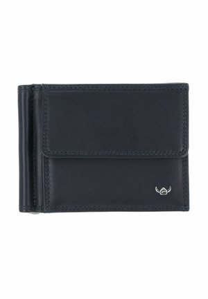 Portefeuille bi-fold en cuir noir avec un petit logo argenté en bas à droite et un clip pour billets sur le côté gauche.
