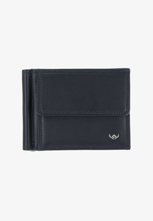 Portefeuille bi-fold en cuir noir avec un petit logo argenté en bas à droite et un clip pour billets sur le côté gauche.