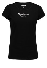 Camiseta de algodón negra con cuello redondo y mangas cortas. Presenta el logo blanco "Pepe Jeans London" en el pecho. Textura suave.