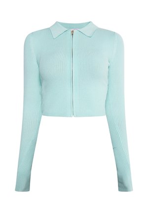 Cardigan tricotat cu margini de culoare albastru deschis, cu guler și mâneci lungi, având un fermoar frontal și un design scurt.