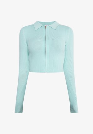 Hellblauer, gerippter Strickcardigan mit Kragen und langen Ärmeln, der einen frontalen Reißverschluss und ein kurzes Design aufweist.