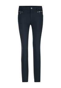 Slim-fit zwarte broek met ritszakken aan de voorkant, riemlussen en een knoopsluiting aan de taille, weergegeven op een witte achtergrond.