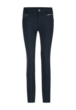 Schmale schwarze Hosen mit Vorderreißverschluss-Taschen, Gürtelschlaufen und einem Knopfverschluss an der Taille, auf einem weißen Hintergrund dargestellt.