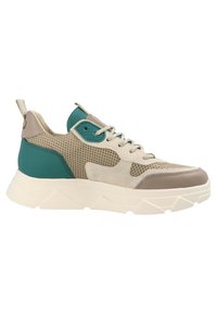 Sneakers con una tomaia in rete beige, dettagli in teal e grigio, particolari testurizzati e una suola bianca spessa con un motivo a zigzag.