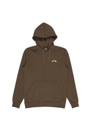 Brauner Kapuzenpullover mit frontaler Taschen und kleinem weißen "Billabong"-Logo auf der linken Brust.