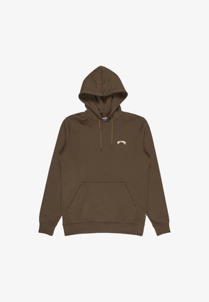 Brun huvtröja med framficka och liten vit "Billabong" logotyp på vänster bröst.