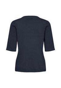 Haut en maille bleu marine à manches courtes avec manches texturées et dos ajusté sans coutures, présenté sur fond blanc.