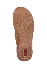 Brown rubber outsole with textured pattern, featuring a red logo and size 37 printed. Curved design with raised traction elements.