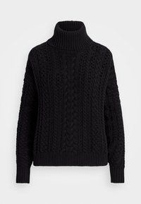 Svart stickad tröja med hög polokrage, texturerade kabelmönster och ribbad detaljering vid ärmslut och fåll.