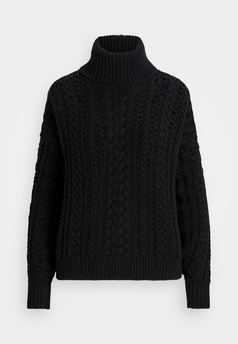 Svart stickad tröja med hög polokrage, texturerade kabelmönster och ribbad detaljering vid ärmslut och fåll.