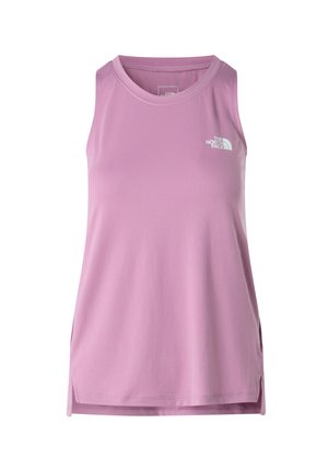 Pink sleeveless tank top made of soft fabric, featuring a round neckline and side slits for ease of movement. Logo on the upper left.