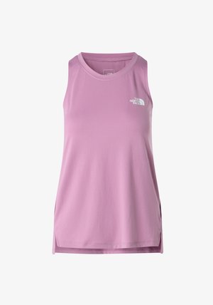 Pink sleeveless tank top made of soft fabric, featuring a round neckline and side slits for ease of movement. Logo on the upper left.
