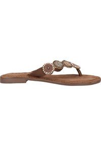 Sandales plates marron avec une semelle intérieure rembourrée et trois accents circulaires décoratifs ornés de perles dans des tons beige, marron et métalliques.