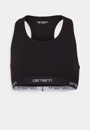 Svart sports BH med rund hals og racerback-design. Har et forsterket liv med hvit "carhartt" merkevare. Myk tekstur.
